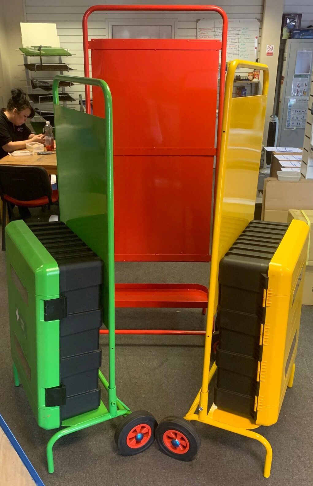 DISPLAY TROLLEYS MIXED SET GREEN, RED & YELLOW WITH CABINETS